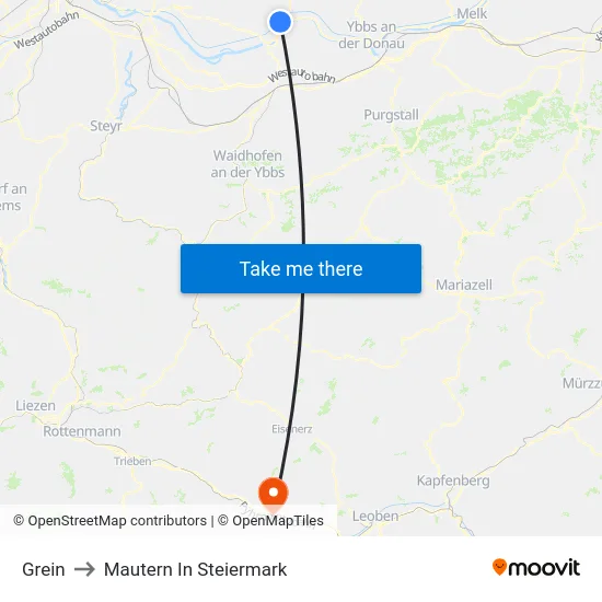 Grein to Mautern In Steiermark map