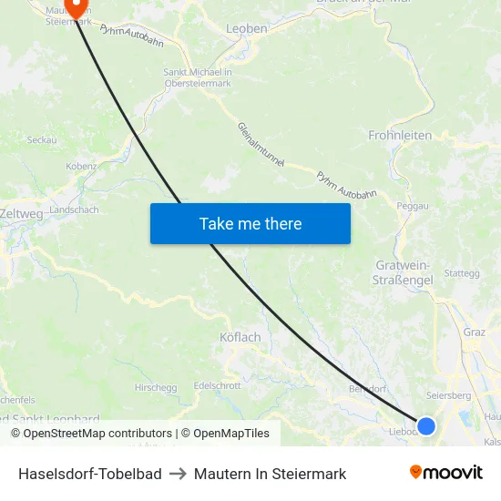 Haselsdorf-Tobelbad to Mautern In Steiermark map