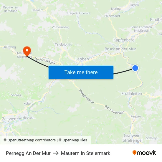Pernegg An Der Mur to Mautern In Steiermark map