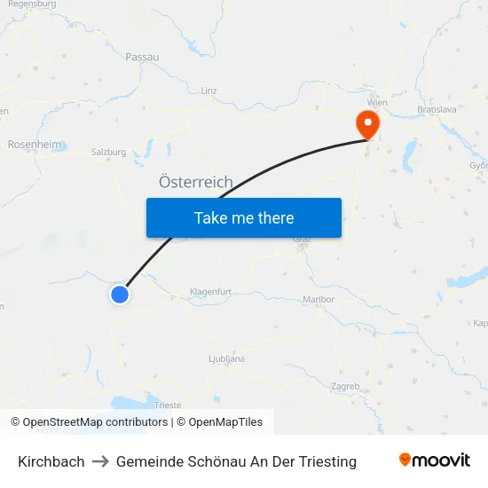 Kirchbach to Gemeinde Schönau An Der Triesting map