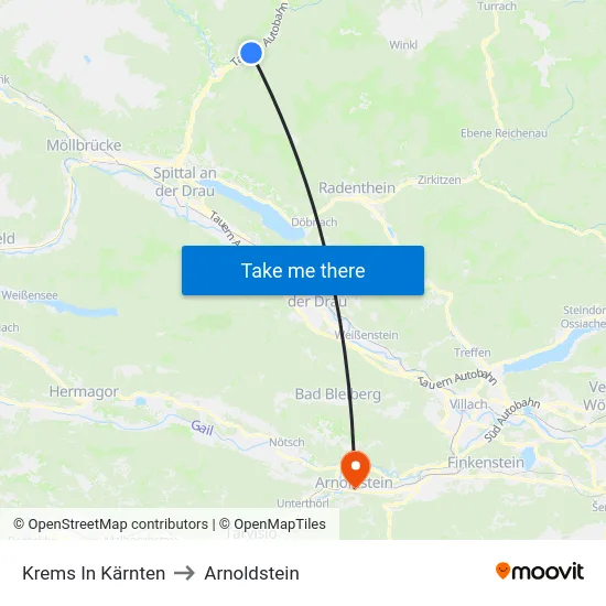 Krems In Kärnten to Arnoldstein map