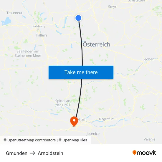 Gmunden to Arnoldstein map