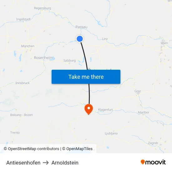 Antiesenhofen to Arnoldstein map