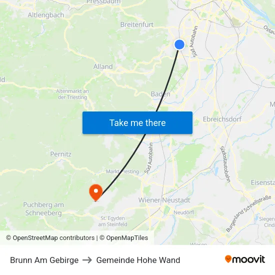 Brunn Am Gebirge to Gemeinde Hohe Wand map