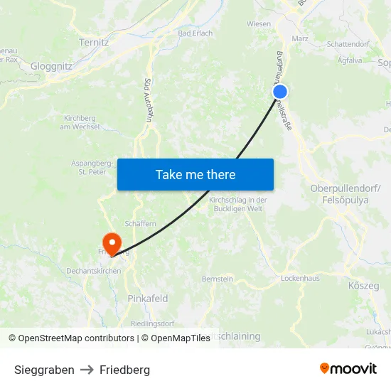 Sieggraben to Friedberg map