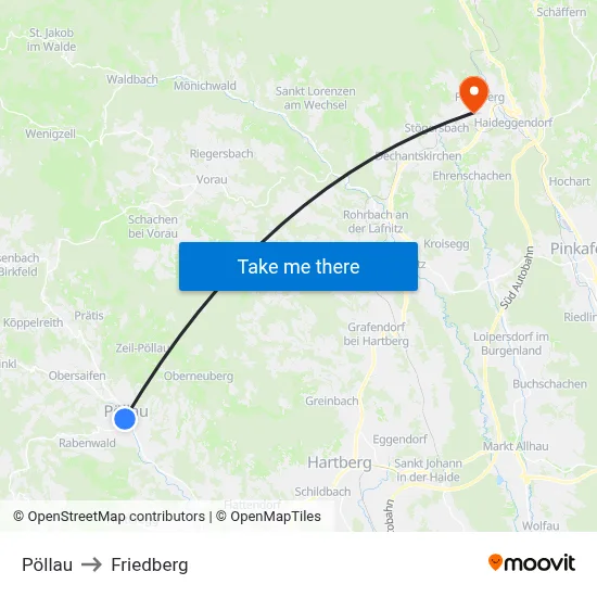 Pöllau to Friedberg map