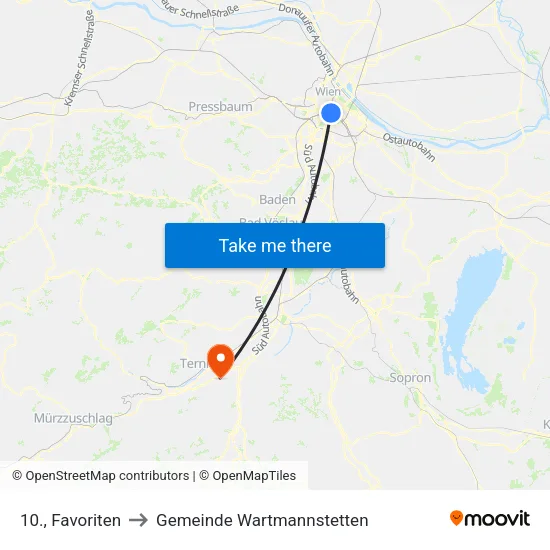 10., Favoriten to Gemeinde Wartmannstetten map