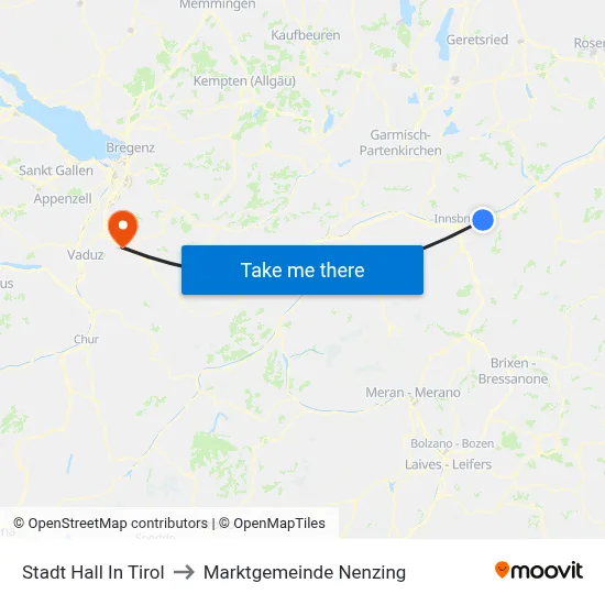 Stadt Hall In Tirol to Marktgemeinde Nenzing map