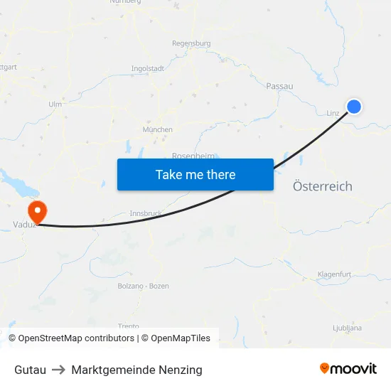 Gutau to Marktgemeinde Nenzing map