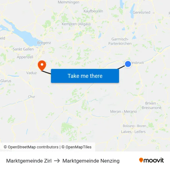 Marktgemeinde Zirl to Marktgemeinde Nenzing map