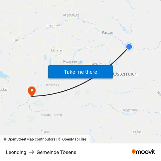 Leonding to Gemeinde Tösens map