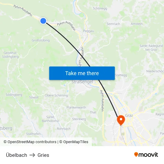 Übelbach to Gries map
