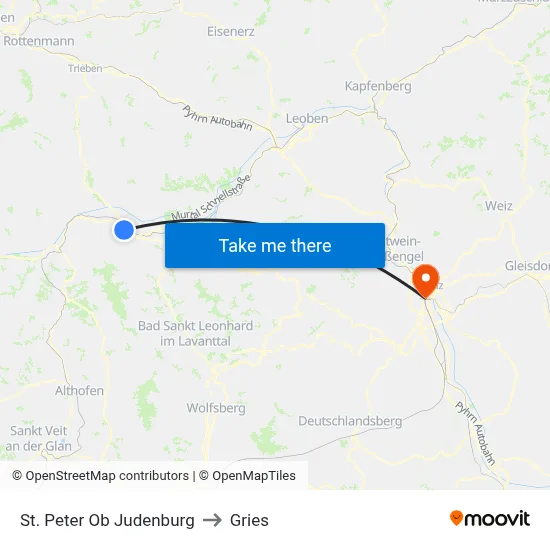 St. Peter Ob Judenburg to Gries map