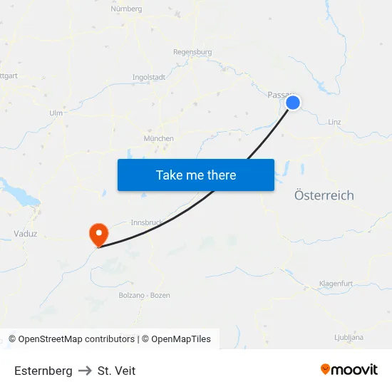 Esternberg to St. Veit map