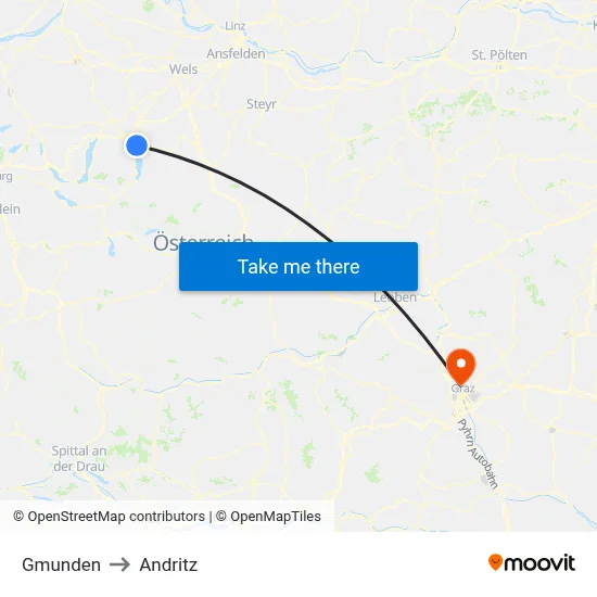 Gmunden to Andritz map