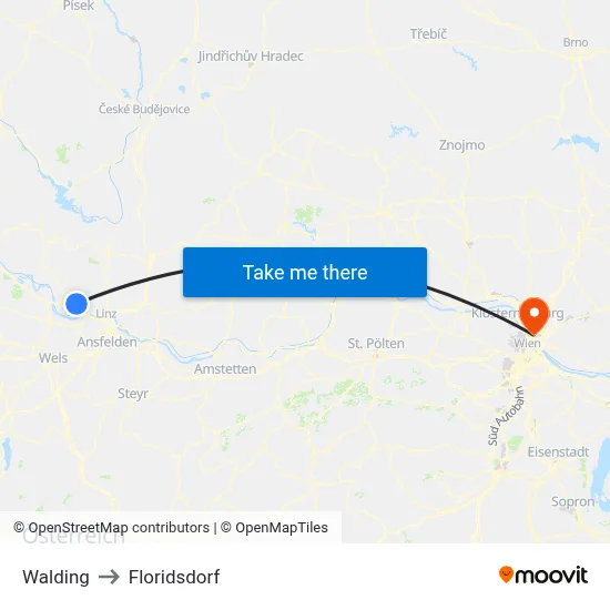 Walding to Floridsdorf map