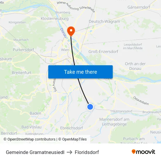 Gemeinde Gramatneusiedl to Floridsdorf map