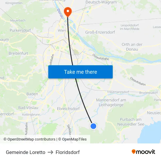 Gemeinde Loretto to Floridsdorf map