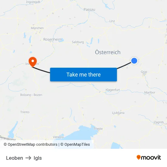 Leoben to Igls map