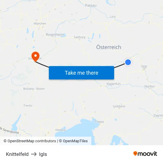 Knittelfeld to Igls map
