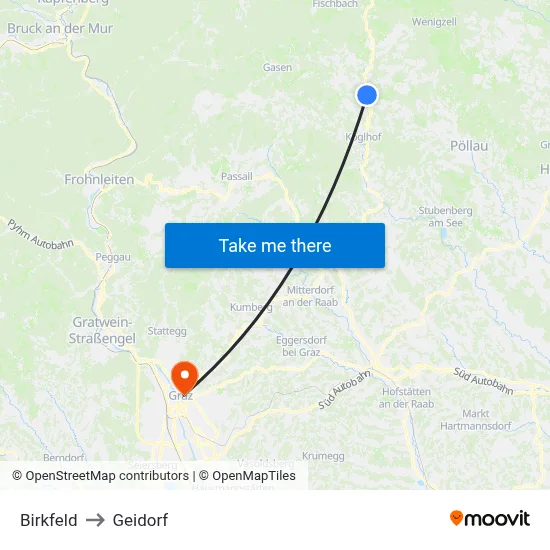 Birkfeld to Geidorf map