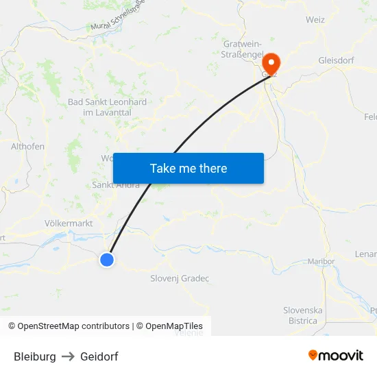 Bleiburg to Geidorf map