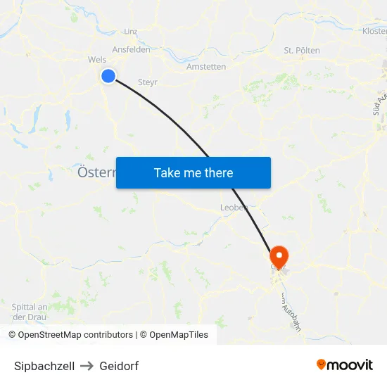 Sipbachzell to Geidorf map
