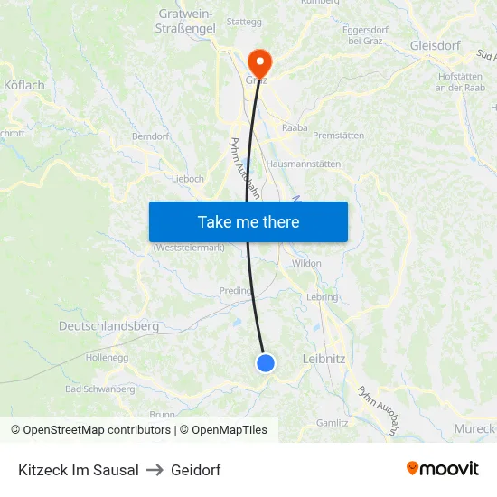 Kitzeck Im Sausal to Geidorf map