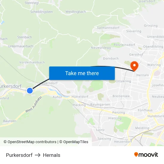 Purkersdorf to Hernals map