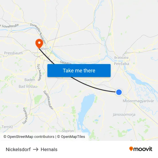 Nickelsdorf to Hernals map