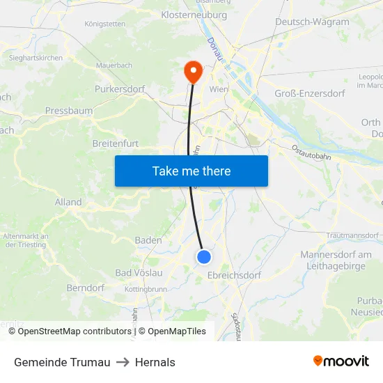 Gemeinde Trumau to Hernals map