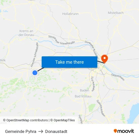 Gemeinde Pyhra to Donaustadt map