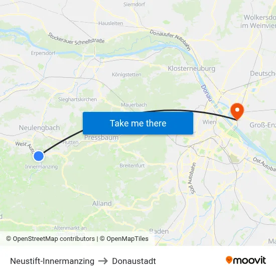 Neustift-Innermanzing to Donaustadt map