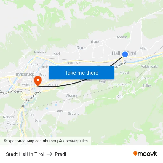 Stadt Hall In Tirol to Pradl map