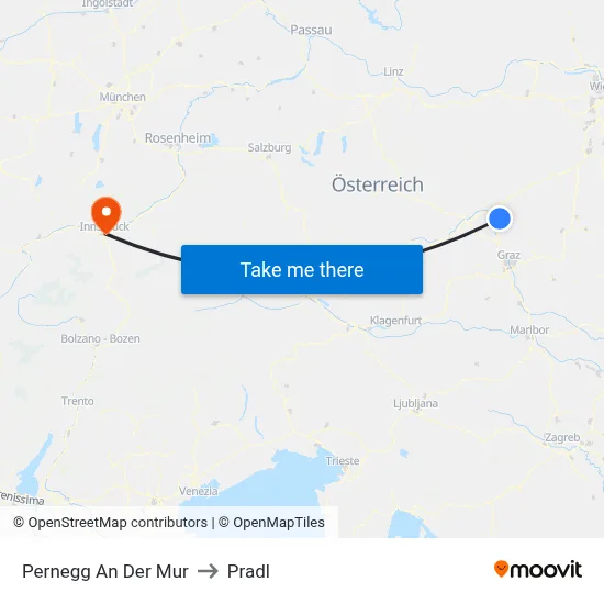 Pernegg An Der Mur to Pradl map