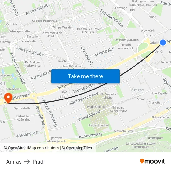 Amras to Pradl map