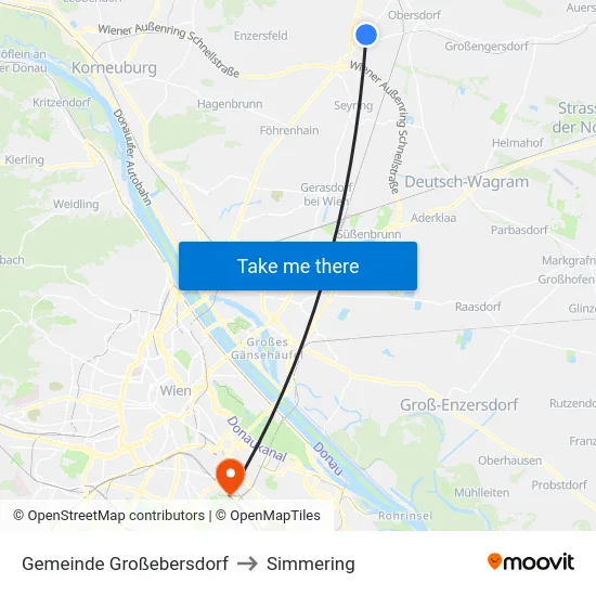 Gemeinde Großebersdorf to Simmering map