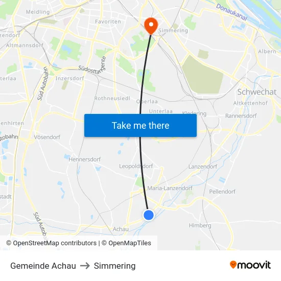 Gemeinde Achau to Simmering map