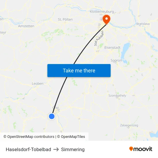Haselsdorf-Tobelbad to Simmering map