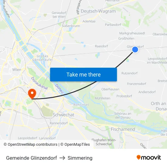 Gemeinde Glinzendorf to Simmering map