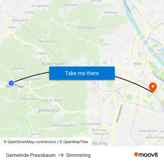 Gemeinde Pressbaum to Simmering map