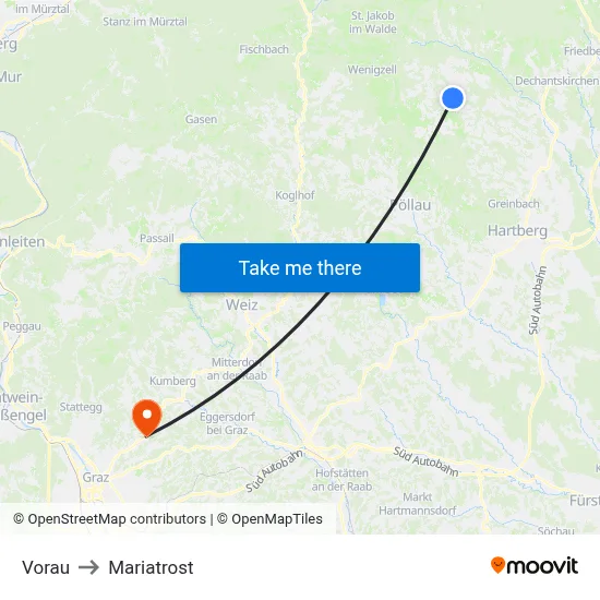 Vorau to Mariatrost map