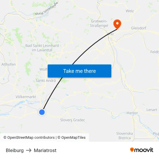 Bleiburg to Mariatrost map