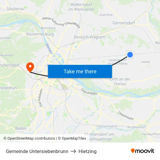 Gemeinde Untersiebenbrunn to Hietzing map