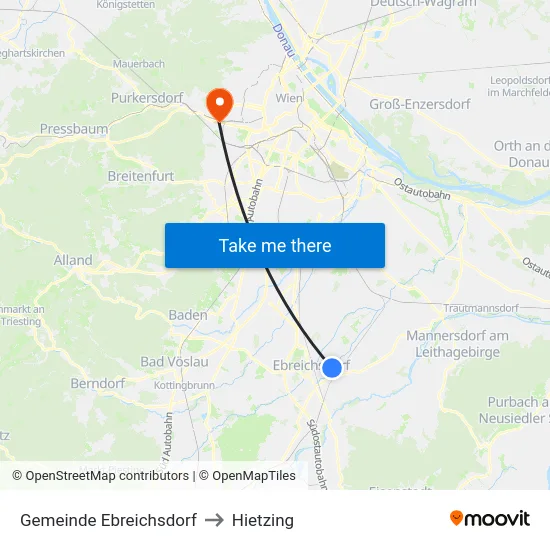 Gemeinde Ebreichsdorf to Hietzing map