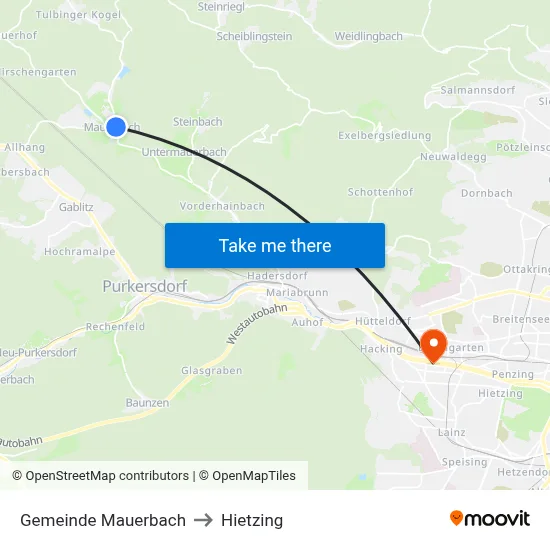 Gemeinde Mauerbach to Hietzing map