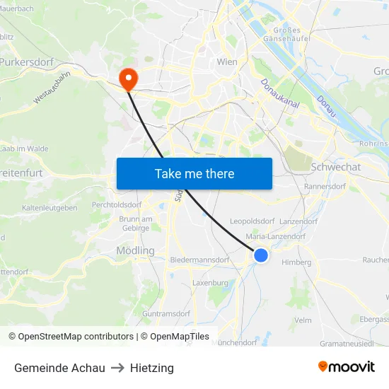 Gemeinde Achau to Hietzing map