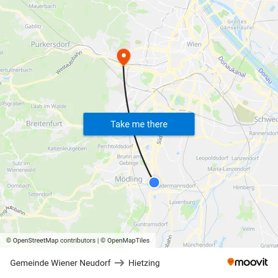 Gemeinde Wiener Neudorf to Hietzing map