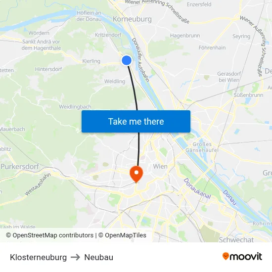 Klosterneuburg to Neubau map