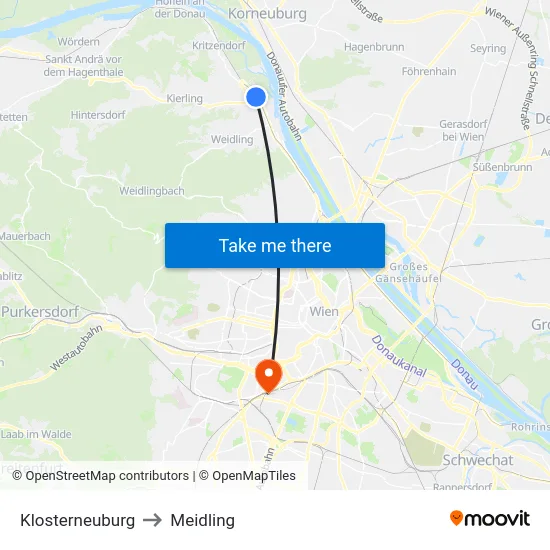 Klosterneuburg to Meidling map